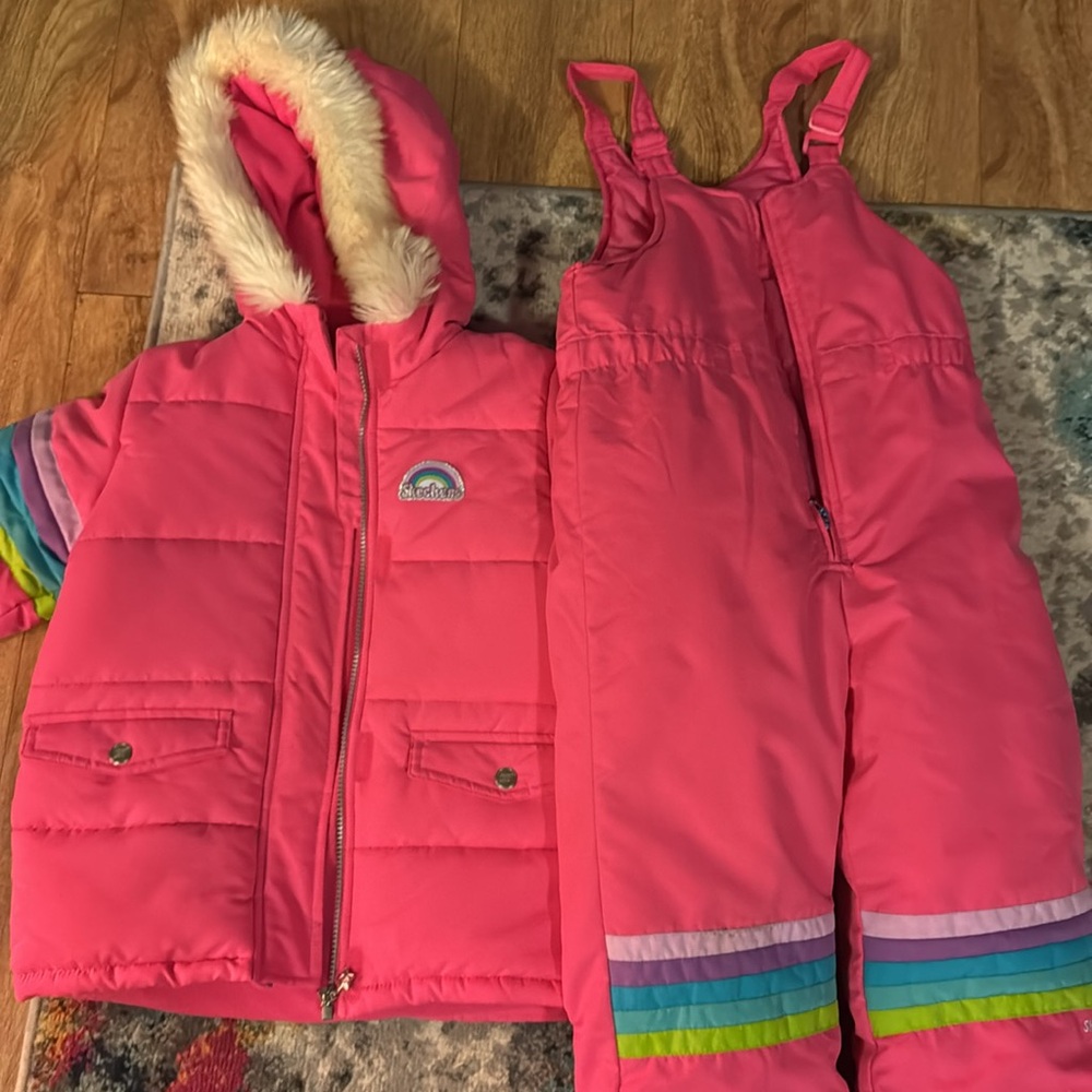 Girls pink sketchers, snowsuit jacket and trousers size 6X, in great condition